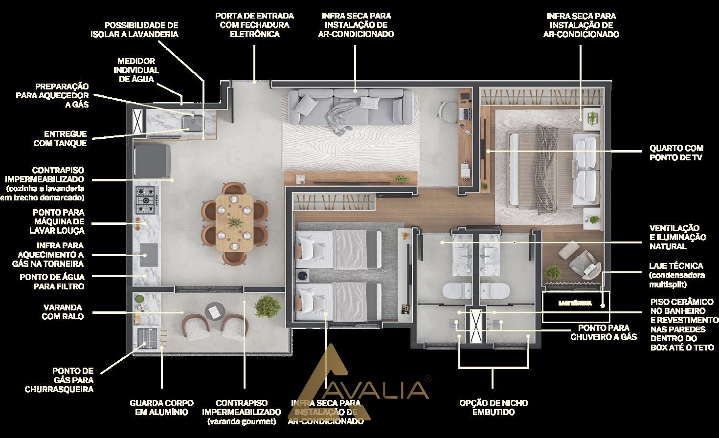 Planta do apartamento tipo Meio, 65,20 m²